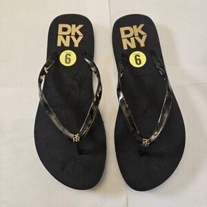 DKNY Black Leopard Thong Flip Flops Slippers